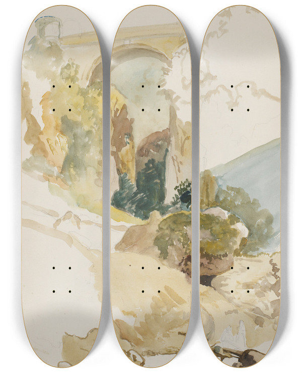 Triptych art skateboard deck of Wilhelm Marstrand Akvarelstudie Af Landskab Med En Bro Over En Klft by Wilhelm Marstrand (1810-1873)