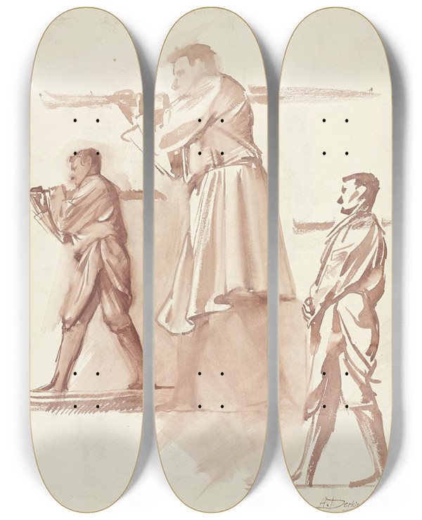 Triptych art skateboard deck of Antoon Derkinderen Drie Studies Van Een Staande Man Naar Links by Antoon Derkinderen (1859-1925)