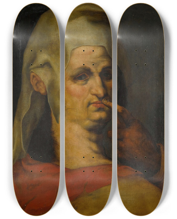 Triptych art skateboard deck of After Jan Harmensz Muller Harpocrates The God Of Silence by After Jan Harmensz Muller (1571-1628)