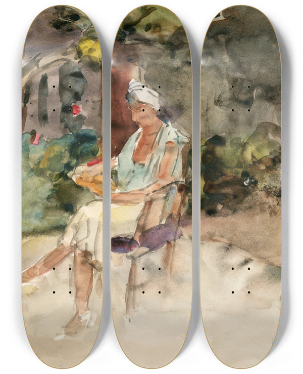 Triptych art skateboard deck of Isaac Israls Lezende Vrouw Op Een Stoel In Een Tuin by Isaac Israels (1865-1934)