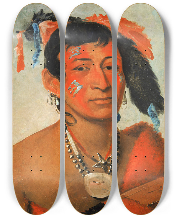 Triptych art skateboard deck of George Catlin Shawno The South A Noted Warrior by George Catlin (1796-1872)