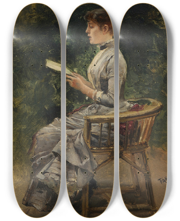 Triptych art skateboard deck of Friedrich August Von Kaulbach Dame Bei Der Lektre Im Garten by Friedrich August Von Kaulbach (1850-1920)