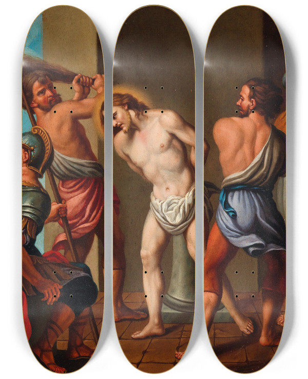 Triptych art skateboard deck of Bolognese School The Flagellation Of Christ by Bolognese School