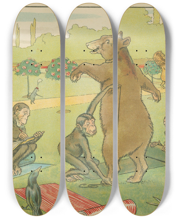 Triptych art skateboard deck of Leonard Leslie Brooke Bear Gets Measured by Leonard Leslie Brooke (1862-1940)