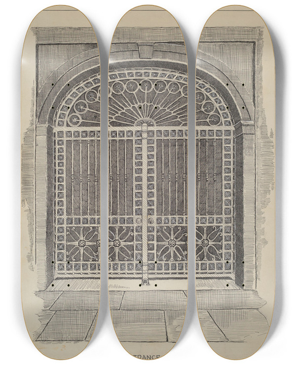 Triptych art skateboard deck of Al Curry Wrought Iron Gate by Al Curry (20-)