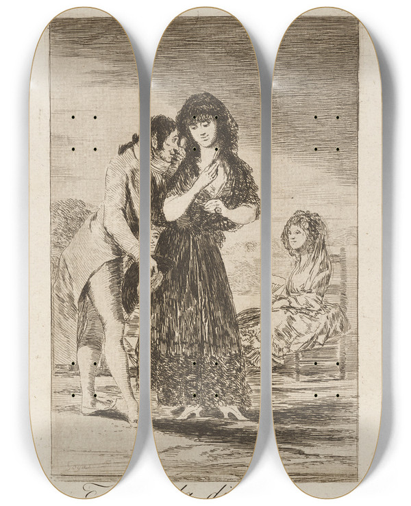 Triptych art skateboard deck of Francisco De Goya Ni Asi La Distingue Even Thus He Cannot Make Her Out by Francisco de Goya (1746-1828)