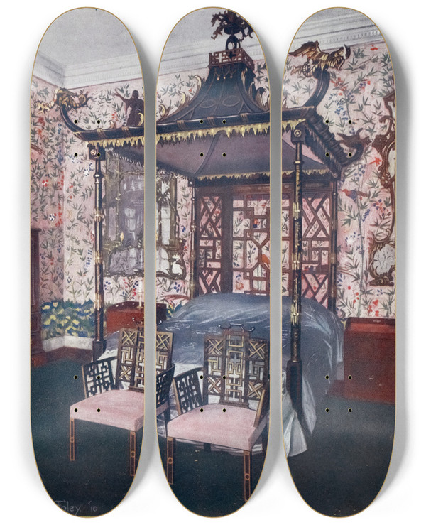 Triptych art skateboard deck of Edwin Foley The Chippendale Chinese Room At Badminton House by Edwin Foley (1859-1912)