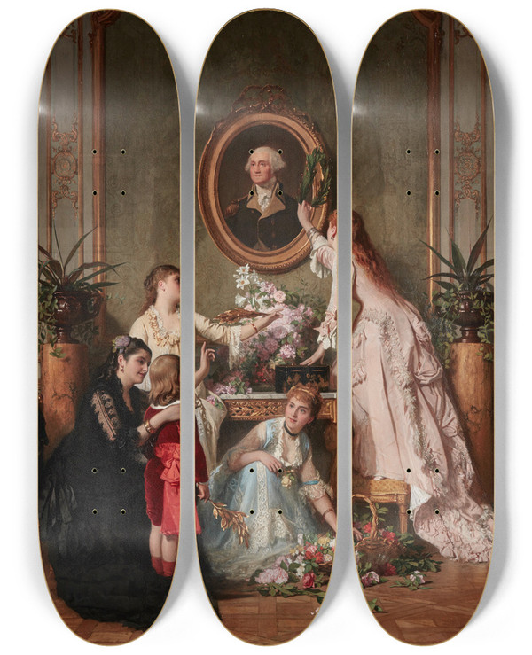 Triptych art skateboard deck of Charles Baugniet Washingtons Birthday by Charles Baugniet (1814-1886)
