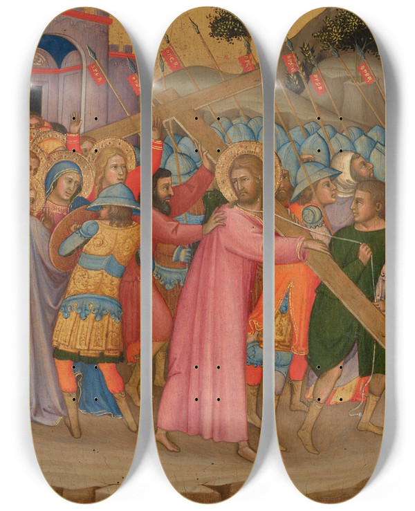 Triptych art skateboard deck of Andrea Di Bartolo The Way To Calvary by Andrea Di Bartolo (1360-1428)