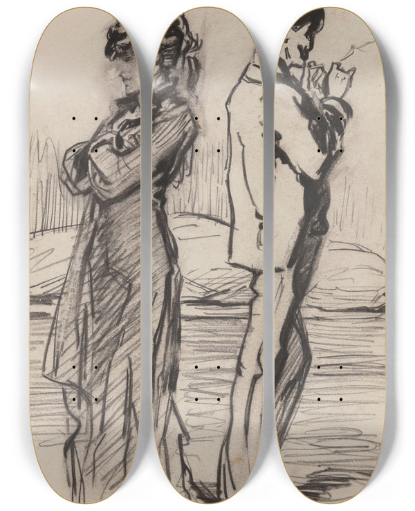 Triptych art skateboard deck of James Ensor Couple Before A Chaise by James Ensor (1860-1949)