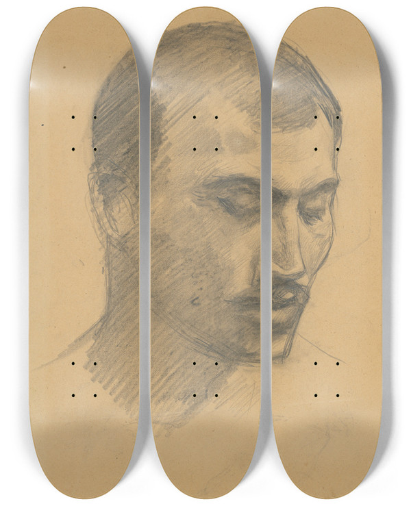 Triptych art skateboard deck of Ladislav Mednynszky Mans Head by Ladislav Mednyanszky (1852-1919)