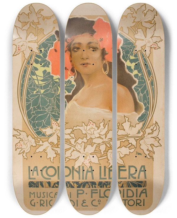 Triptych art skateboard deck of Leopoldo Metlicovitz La Colonia Libera by Leopoldo Metlicovitz (1868-1944)