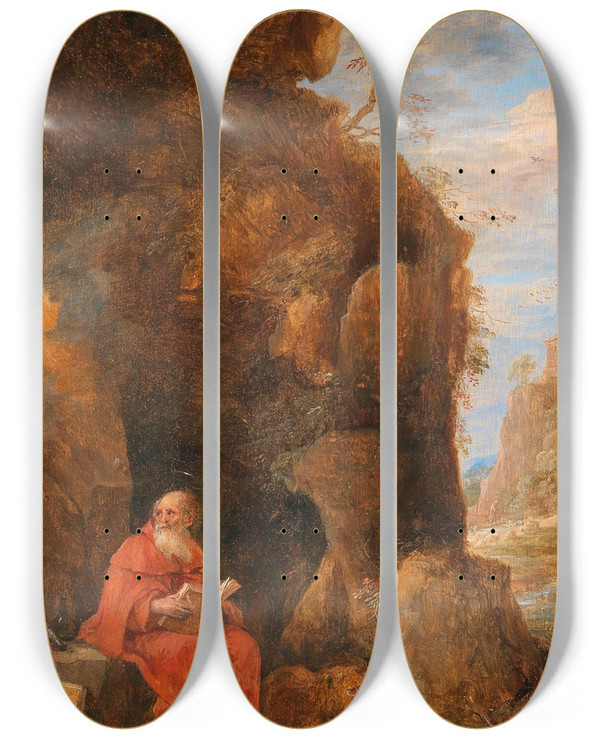 Triptych art skateboard deck of David Teniers The Younger A Landscape With Saint Jerome Outside A Grotto by David Teniers The Younger (1610-1690)