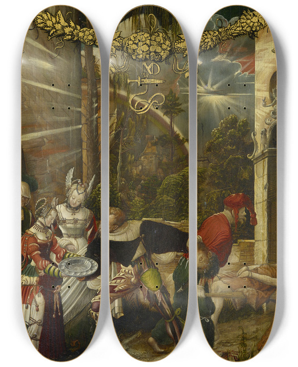 Triptych art skateboard deck of Niklaus Manuel The Beheading Of Saint John The Baptist by Niklaus Manuel (1484-1530)