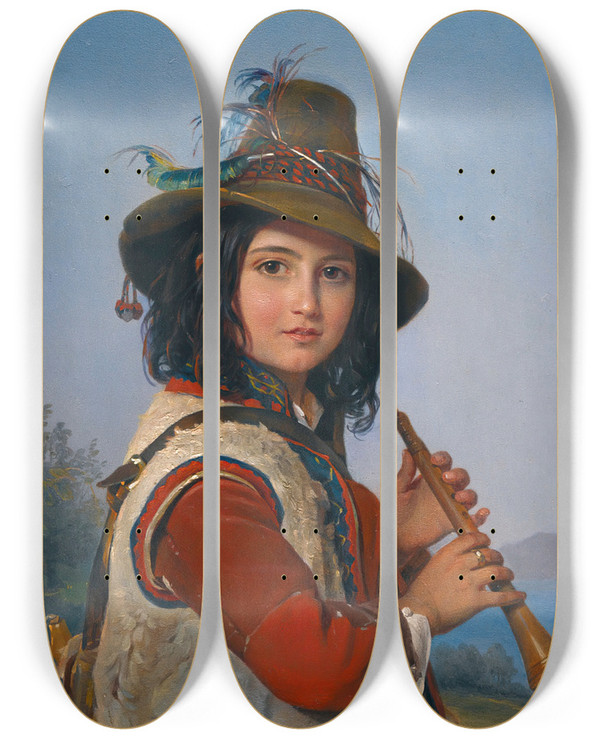Triptych art skateboard deck of Pimen Nikitich Orloff Portrait Of An Italian Shepherd Boy With A Flute by Pimen Nikitich Orloff (1812-1863)