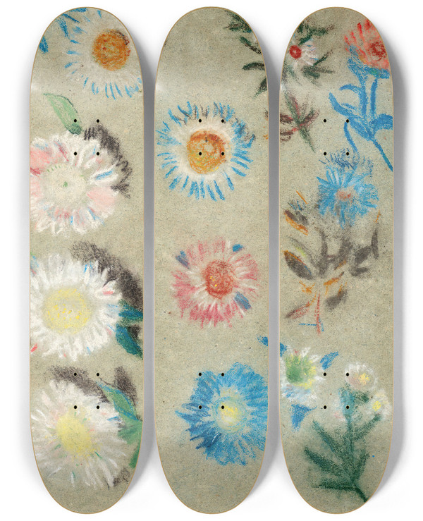 Triptych art skateboard deck of Eugne Delacroix Tude De Fleurs by Eugene Delacroix (1798-1863)