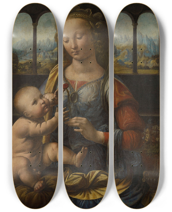 Triptych art skateboard deck of Leonardo Da Vinci Madonna Of The Carnation by Leonardo da Vinci (1452-1519)