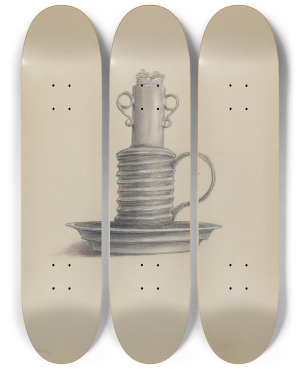 Triptych art skateboard deck of Franklin C Moyan Tin Lard Lamp by Franklin C Moyan
