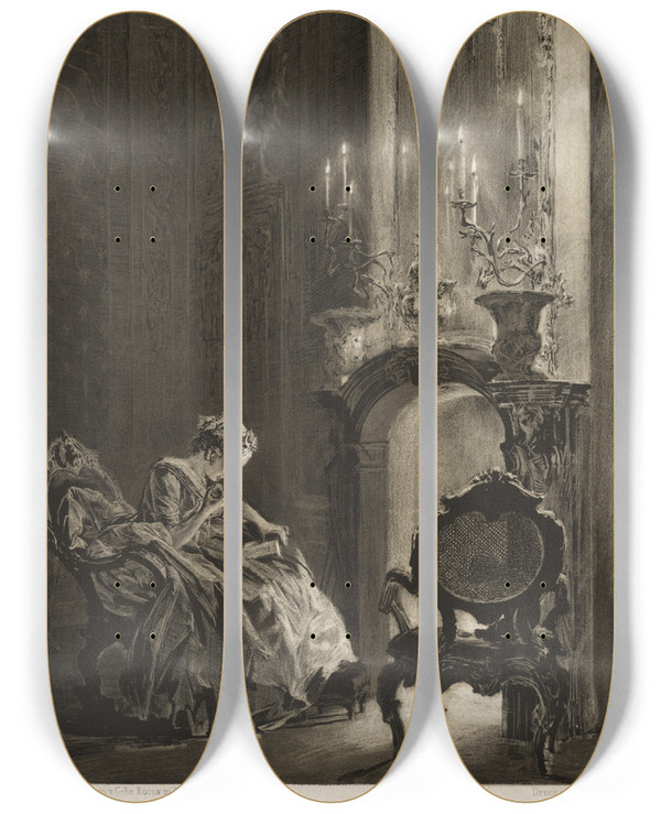 Triptych art skateboard deck of Adolph Von Menzel Essay On Stone With Brush And Scraper Woman Reading At The Fireside by Adolph Von Menzel (1815-1905)