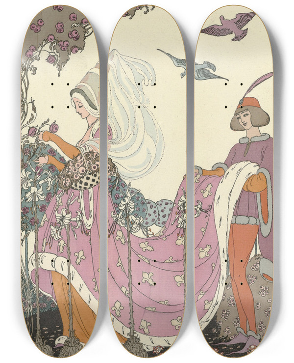 Triptych art skateboard deck of Gerda Wegener La Jolie Cueillette by Gerda Wegener (1886-1940)