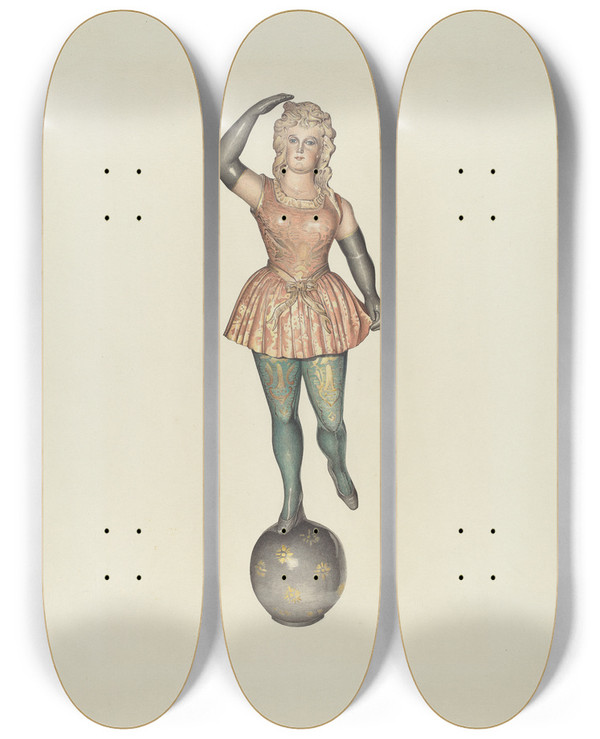 Triptych art skateboard deck of Robert Pohle Carousel Calliope Figure by Robert Pohle