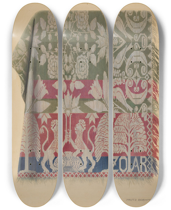 Triptych art skateboard deck of Fritz Boehmer Zoar Jacquard Coverlet by Fritz Boehmer