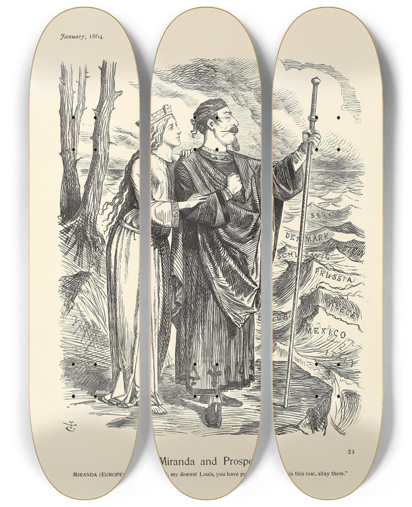 Triptych art skateboard deck of Sir John Tenniel Miranda And Prospero by Sir John Tenniel (1820-1914)