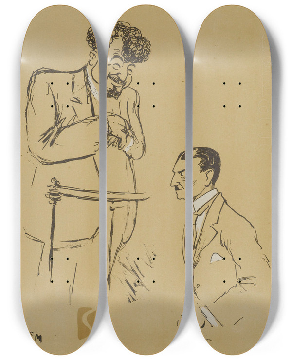 Triptych art skateboard deck of Georges Goursat Sem M Fi Mouthon Et M Casella by Georges Goursat (Sem) (1863-1934)