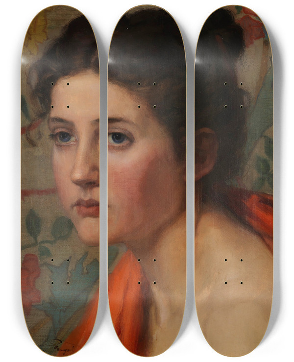 Triptych art skateboard deck of Otto Heinrich Engel Weiblicher Studienkopf Vor Floralem Hintergrund by Otto Heinrich Engel (1866-1949)