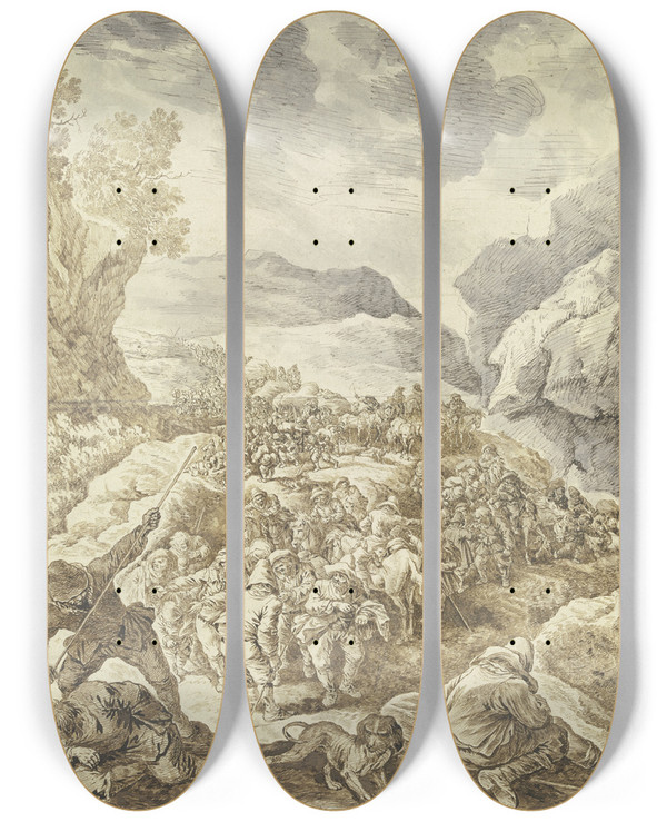 Triptych art skateboard deck of Johann Albrecht Dietzsch Ein Groer Zug Von Mnnern Zu Fu Und Zu Pferde Durch Eine Felsschlucht by Johann Albrecht Dietzsch (1720-1782)