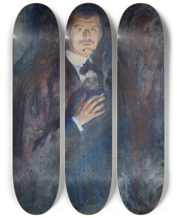 Triptych art skateboard deck of Edvard Munch Selfportrait With Cigarette by Edvard Munch (1863-1944)
