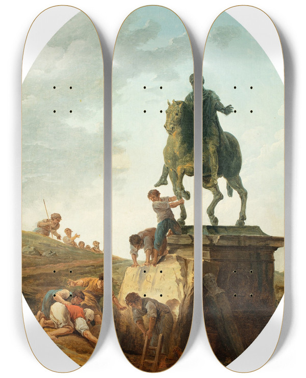 Triptych art skateboard deck of Hubert Robert An Animated Landscape With The Statue Of Marcus Aurelius by Hubert Robert (1733-1808)
