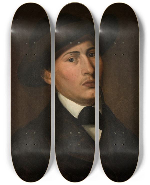 Triptych art skateboard deck of Amaldus Nielsen Selvportrett by Amaldus Nielsen (1838-1932)
