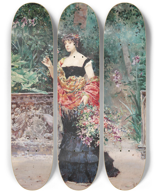 Triptych art skateboard deck of Ludovico Marchetti Elegante Dame Im Park by Ludovico Marchetti (1853-1909)
