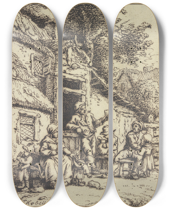 Triptych art skateboard deck of Ferdinand Kobell Bauernpaar Mit Fnf Angehrigen Vor Einem Haus by Ferdinand Kobell (1740-1799)