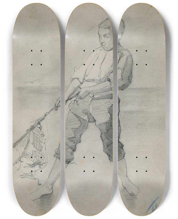 Triptych art skateboard deck of Floris Verster Fisherman With Net by Floris Verster (1861-1927)