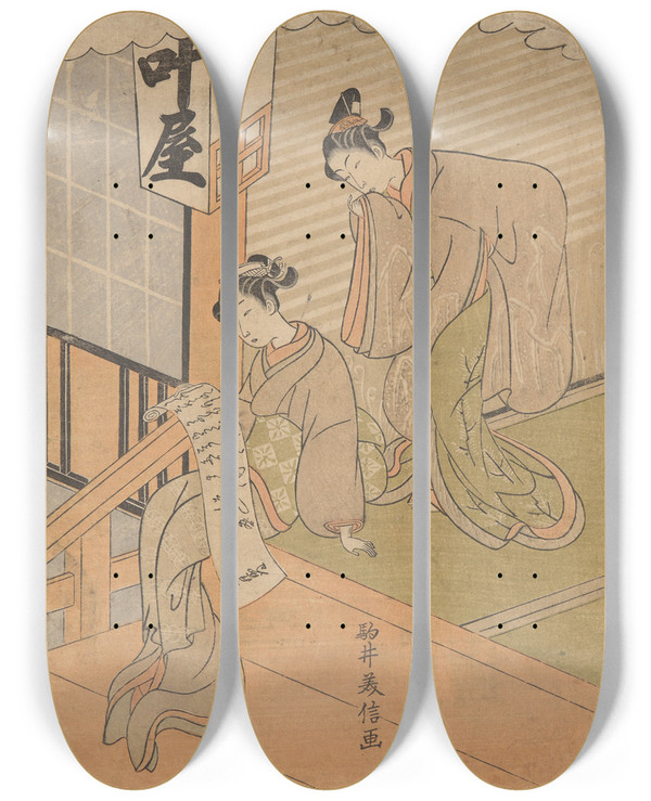 Triptych art skateboard deck of Yamato Yoshinobu Young Woman Reading Love Letter A Jealous Friend Learns Her Secret by Yamato Yoshinobu (1745)