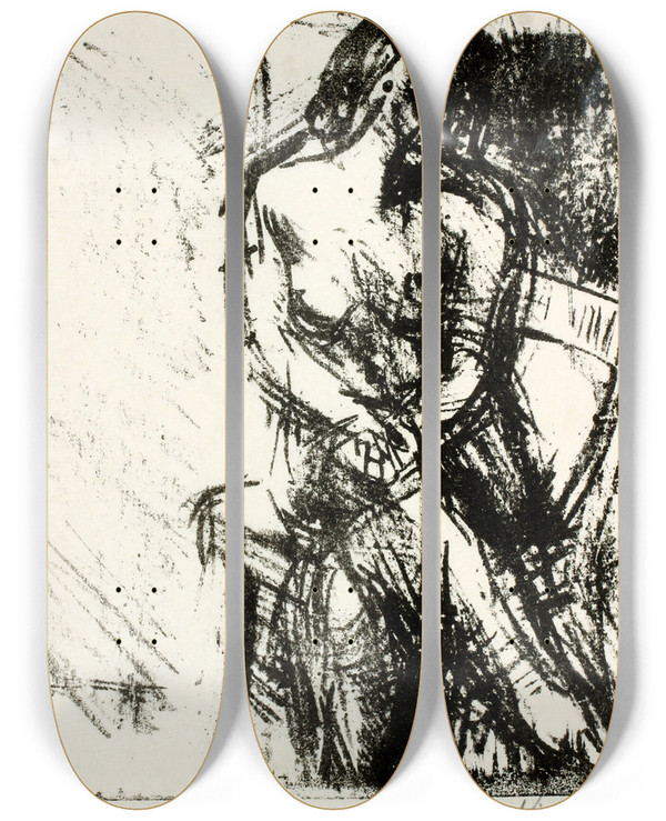 Triptych art skateboard deck of Henry Nielsen Siddende Kvindelig Model by Henry Nielsen (1907-1937)