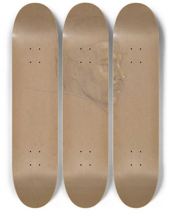 Triptych art skateboard deck of Alfred Rethel Study Of A Manshead by Alfred Rethel (1816-1859)