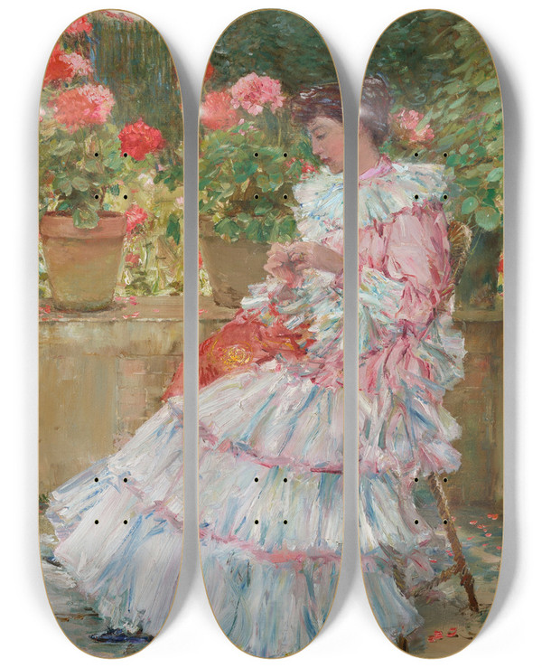 Triptych art skateboard deck of Childe Hassam Geraniums by Childe Hassam (1859-1935)