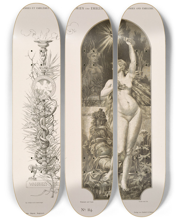 Triptych art skateboard deck of Albert Ilg Allegorien Und Embleme Vol I Pl133 by Albert Ilg (1847-1896)
