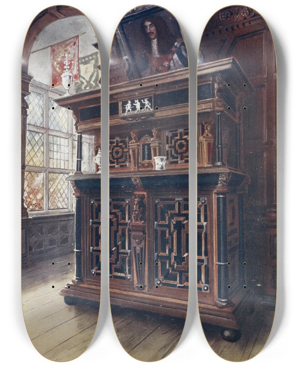 Triptych art skateboard deck of Edwin Foley A Cabinet Of Oak And Walnut With Ebony Panels And Columns Inlaid With Rosewood And Ivory Engraved by Edwin Foley (1859-1912)