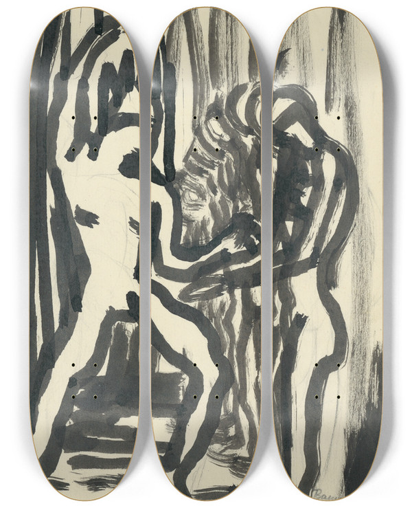 Triptych art skateboard deck of Kontantn Bauer Musk Akty by Konstantin Bauer (1893-1928)