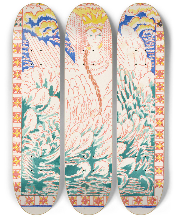 Triptych art skateboard deck of Natalia Goncharova Conte De Tsar Saltan Et De Son Fils Le Glorieux Et Puissant Prince Gvidon Saltanovitch Et De Sa Belle Princesse Cygne Pl 11 by Natalia Goncharova (1881-1962)