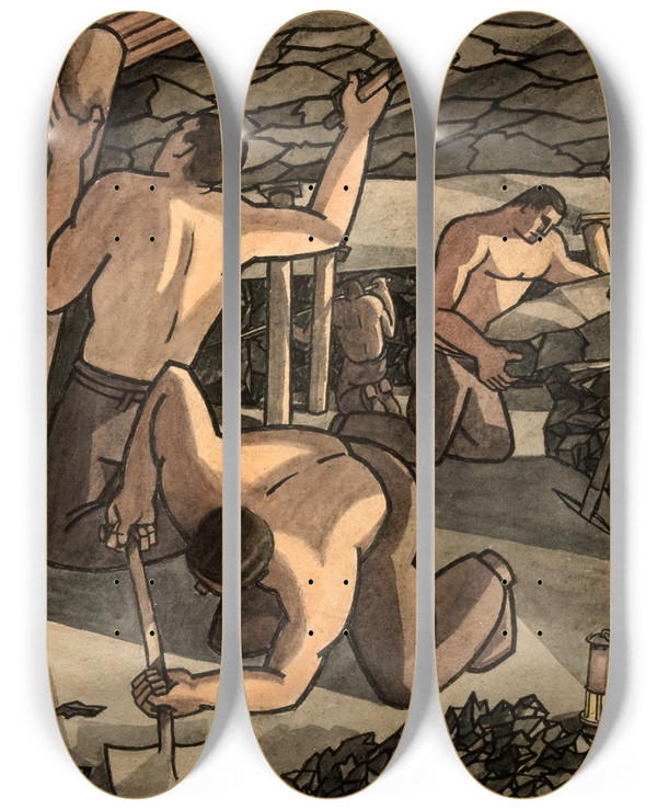 Triptych art skateboard deck of George Bissill Coal Miners At Work Cutting Coal And Propping_1 by George Bissill (1896-1973)