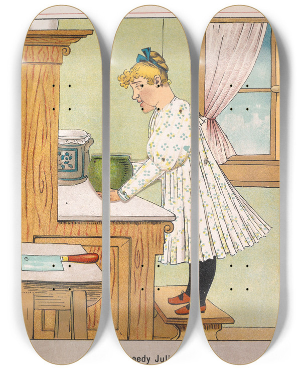 Triptych art skateboard deck of Lothar Meggendorfer Greedy Julia by Lothar Meggendorfer (1847-1925)