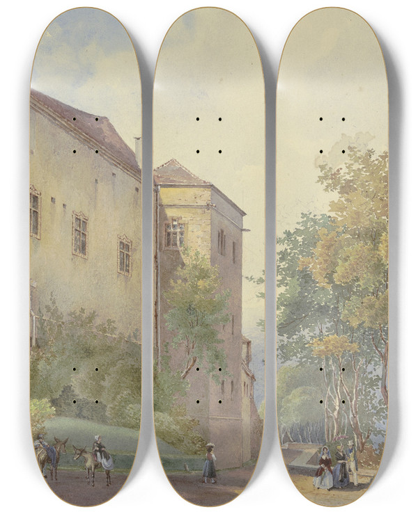 Triptych art skateboard deck of Georg Von Krieg Schlossecke Mit Spaziergngern by Georg Von Krieg (19-)