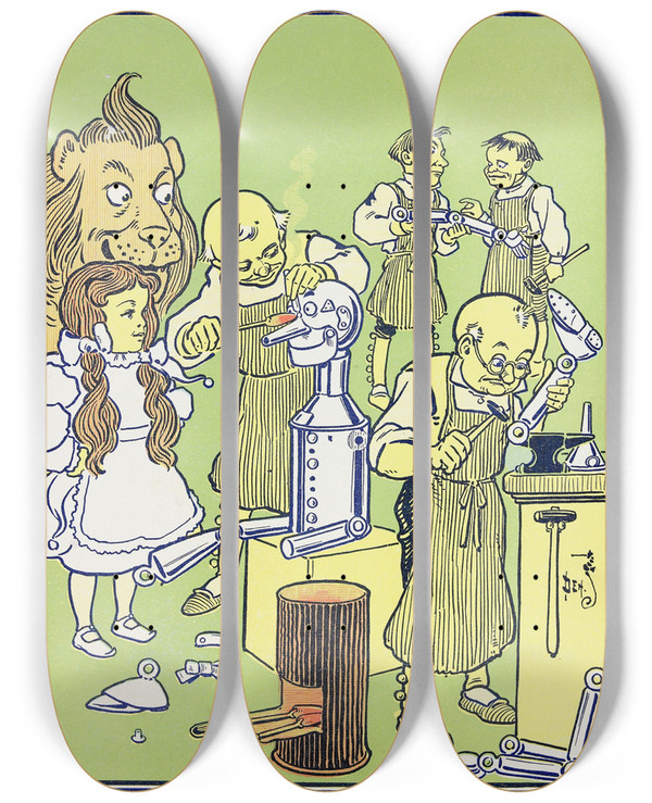 Triptych art skateboard deck of William Wallace Denslow The Tinsmiths Worked For Three Days And Four Nights by William Wallace Denslow (1856-1915)