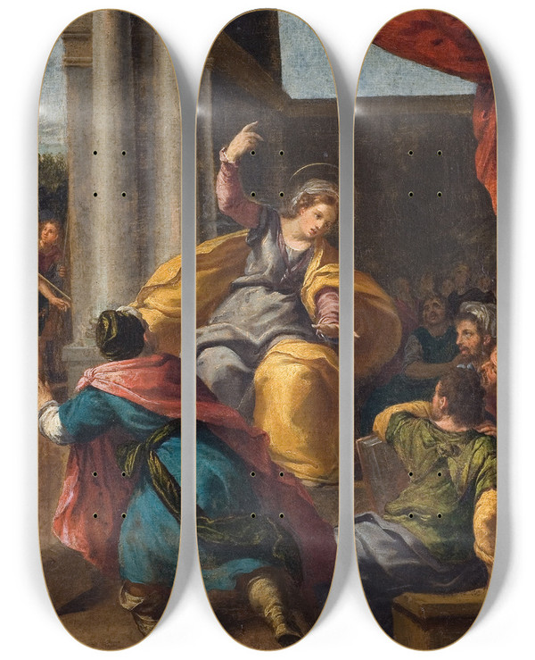Triptych art skateboard deck of Scarsellino St Catherine Among The Philosophers by Scarsellino (1550-1620)