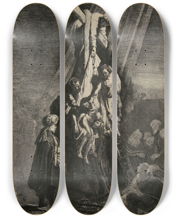 Triptych art skateboard deck of Rembrandt Van Rijn The Descent From The Cross Second Plate by Rembrandt Van Rijn (1606-1669)
